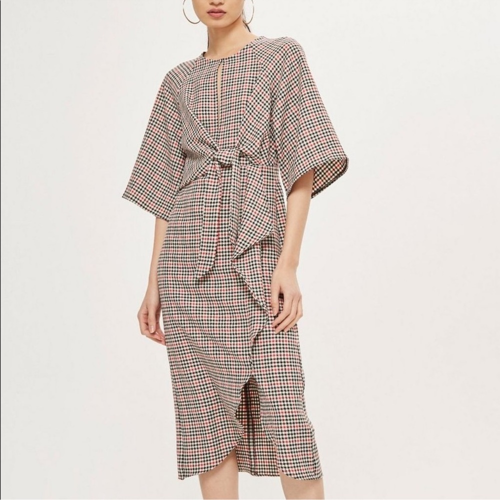 Topshop Plaid Wrap Tie Waist Midi Dress Size 2